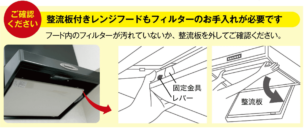 ご確認ください。整流板付きレンジフードもフィルターのお手入れが必要です。