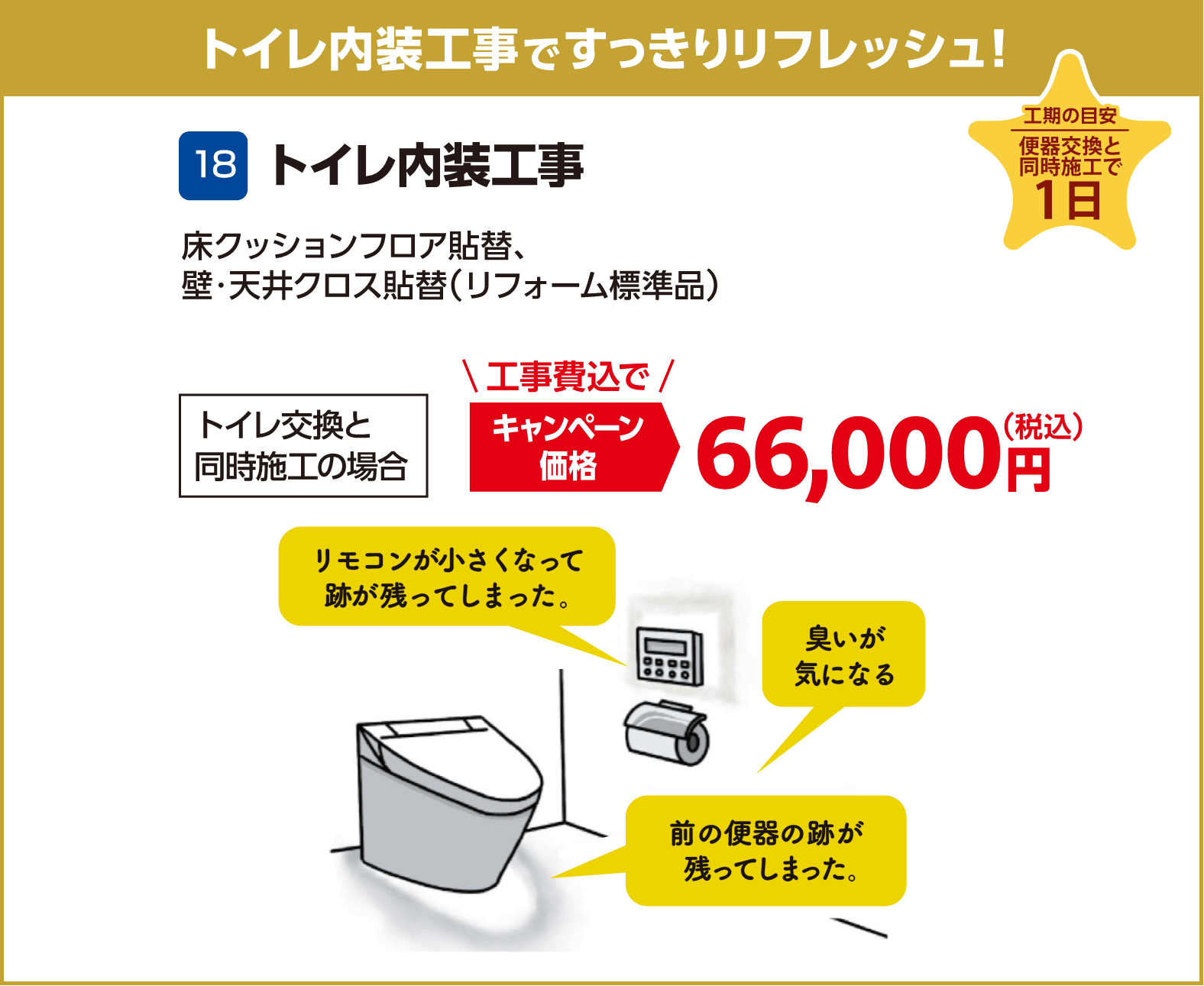 トイレ内装工事 トイレ交換と同時施工の場合 キャンペーン価格：66,000円（税込・工事費込）