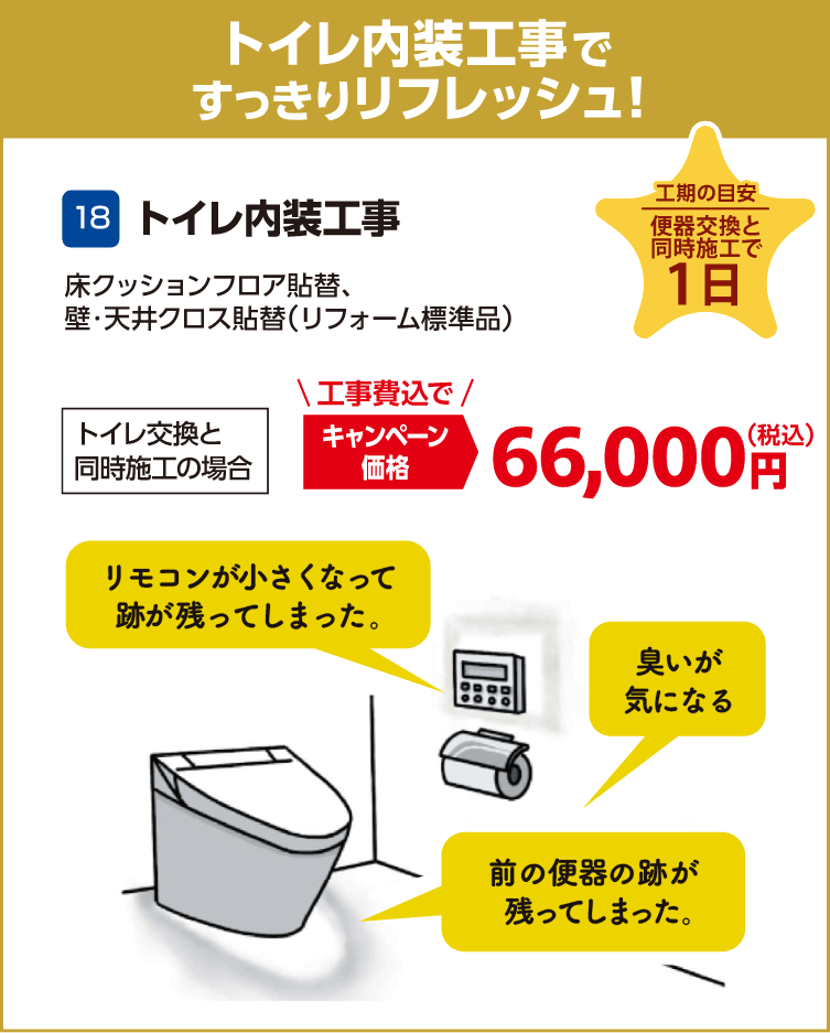 トイレ内装工事 トイレ交換と同時施工の場合 キャンペーン価格：66,000円（税込・工事費込）