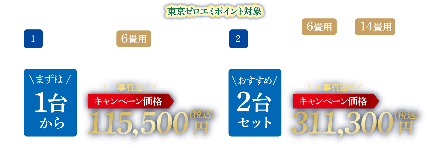 東京ゼロエミポイント対象 1 エアコン 6畳用 1台から キャンペーン価格：115,500円（税込）・2 エアコン 6畳用＋14畳用 2台セット キャンペーン価格：311,300円（税込）