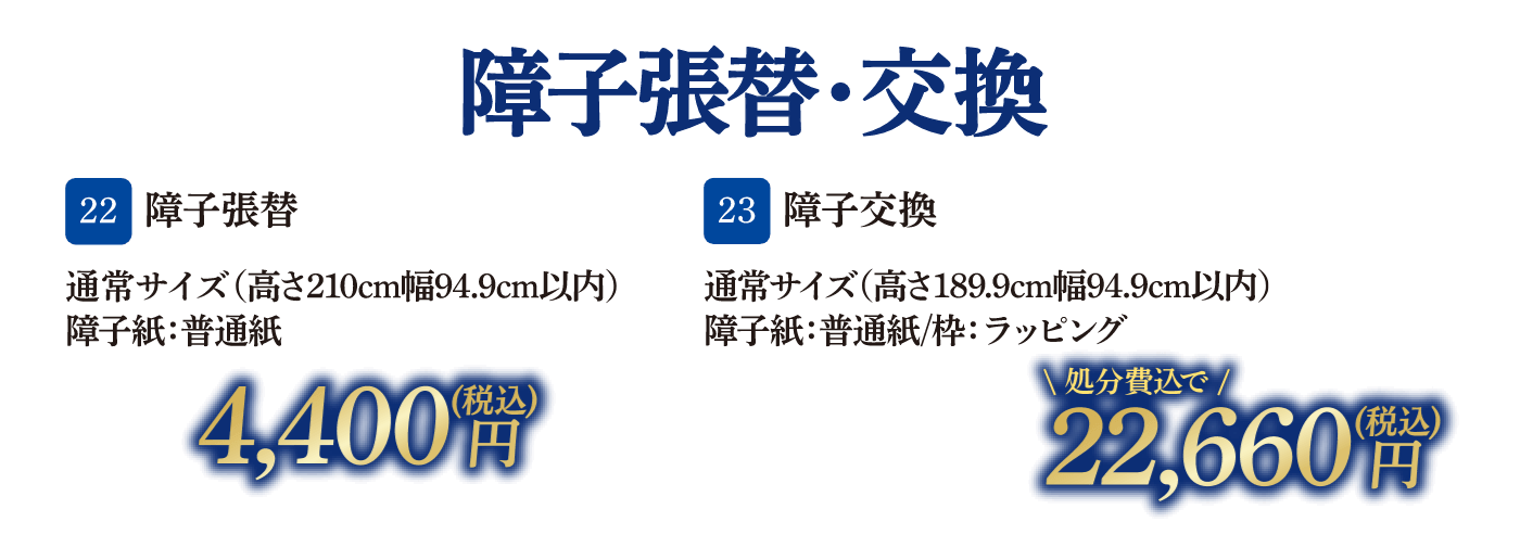 22 障子張替 通常サイズ（高さ210cm・幅94.9cm以内） 障子紙：普通紙 4,400円（税込）、23 障子交換 通常サイズ（高さ189.9cm・幅94.9cm以内） 障子紙：普通紙/枠：ラッピング 22,660円（税込・処分費込）