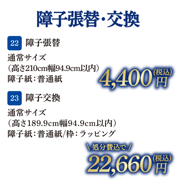 22 障子張替 通常サイズ（高さ210cm・幅94.9cm以内） 障子紙：普通紙 4,400円（税込）、23 障子交換 通常サイズ（高さ189.9cm・幅94.9cm以内） 障子紙：普通紙/枠：ラッピング 22,660円（税込・処分費込）